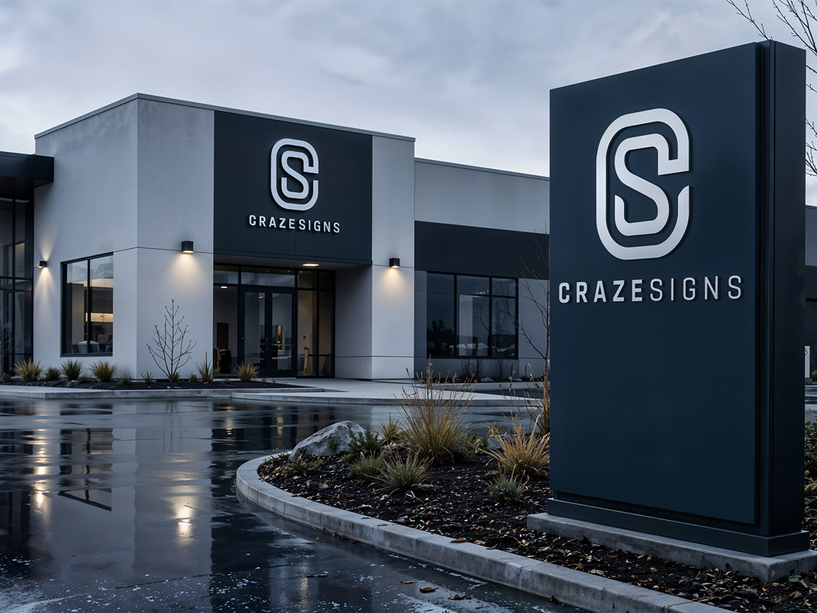 Illuminated Craze Signs wall sign and freestanding pylon sign on the company's building exterior