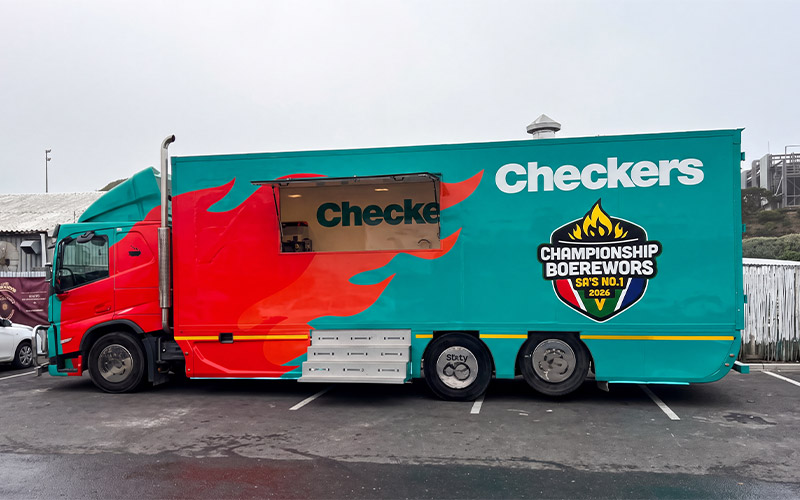 Close-up of Checkers food truck large-format printed graphics
