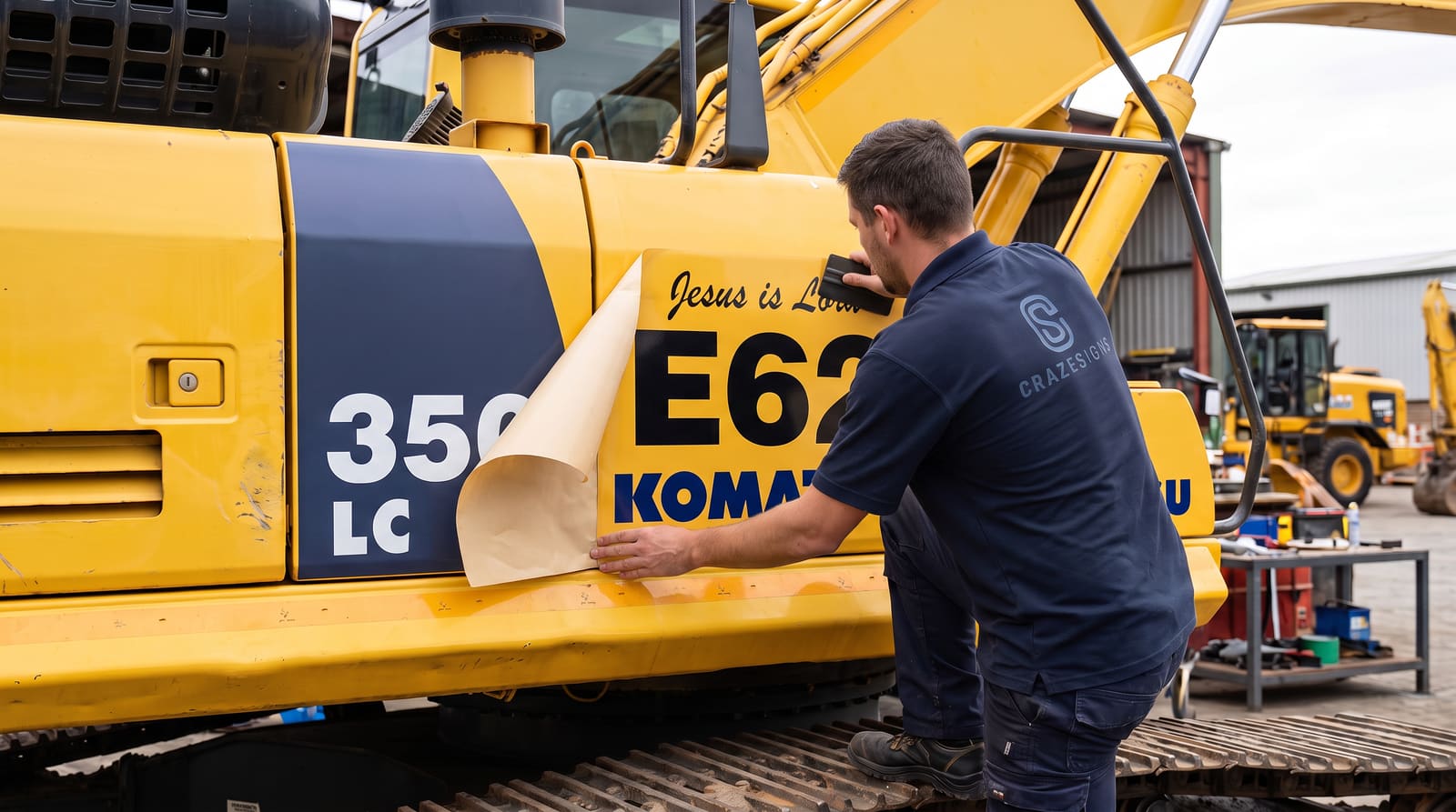 Craze Signs installer applying decal signage to a Komatsu excavator