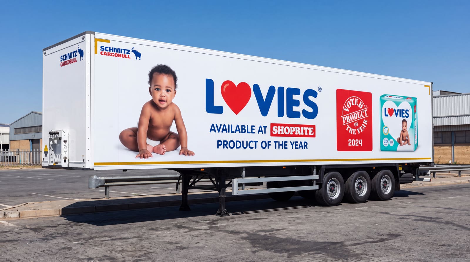 Large-format trailer graphics for Lovies nappies, available at Shoprite