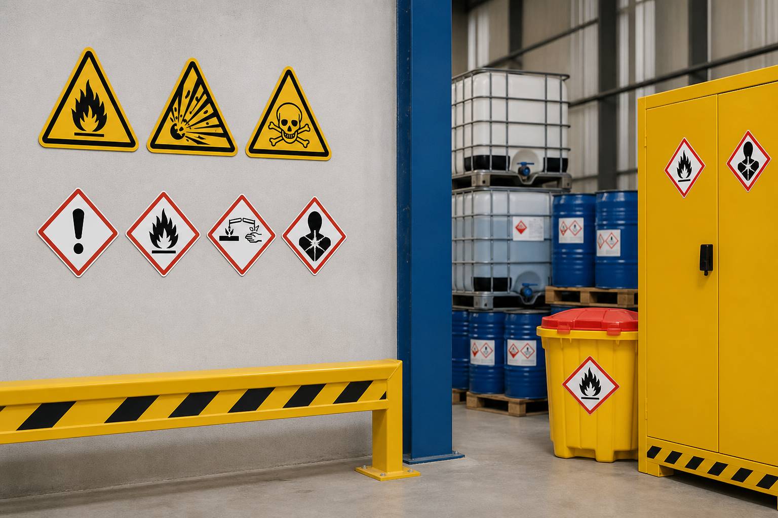 Hazard identification signage in an industrial storage area